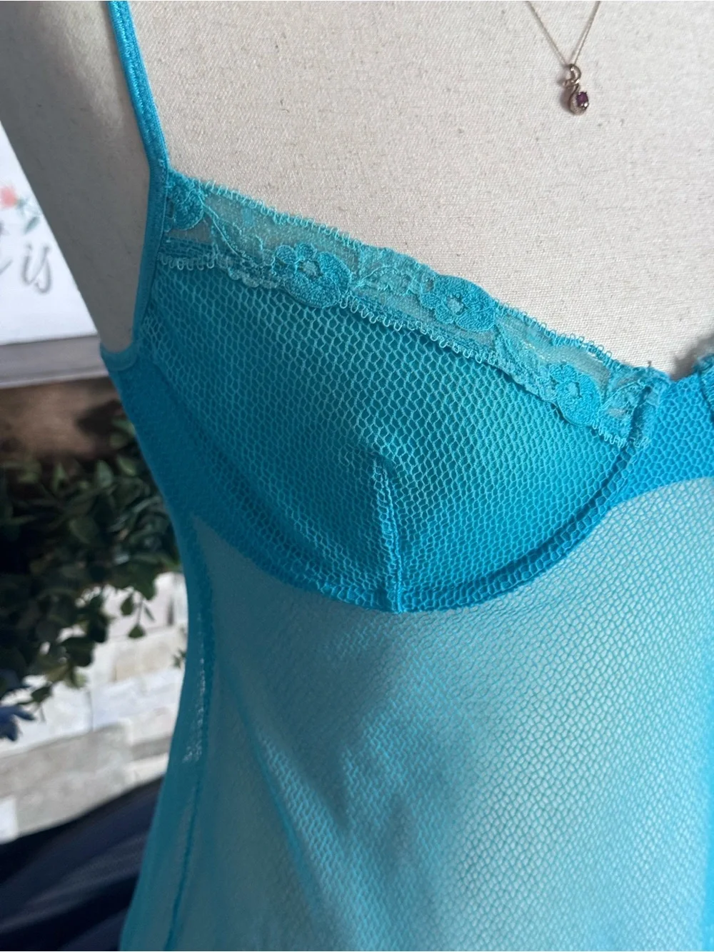 VTG Victoria’s Secret Aqua Blue Fishnet Underwire Babydoll Slip Dress 36C